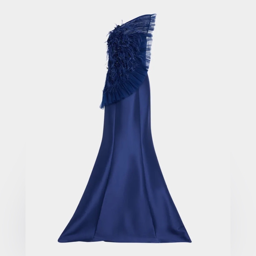 Badgley Mischka Strapless Feather Ruffle Trumpet Gown